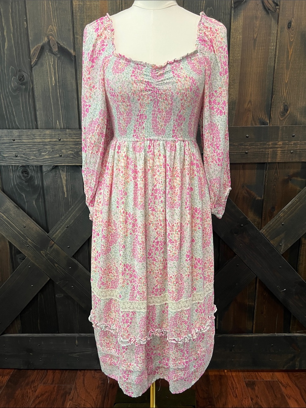 Penelope Rose Prairie Midi Dress S Micro Floral Smocked Ruffle Boho Cottagecore